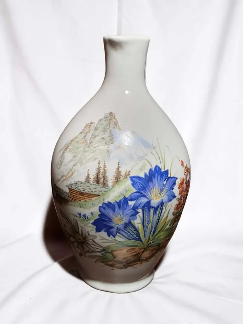 Porcelain Jug Pitcher w/ Painted Mountain Scene Marked Mind. Jnh 0.3501